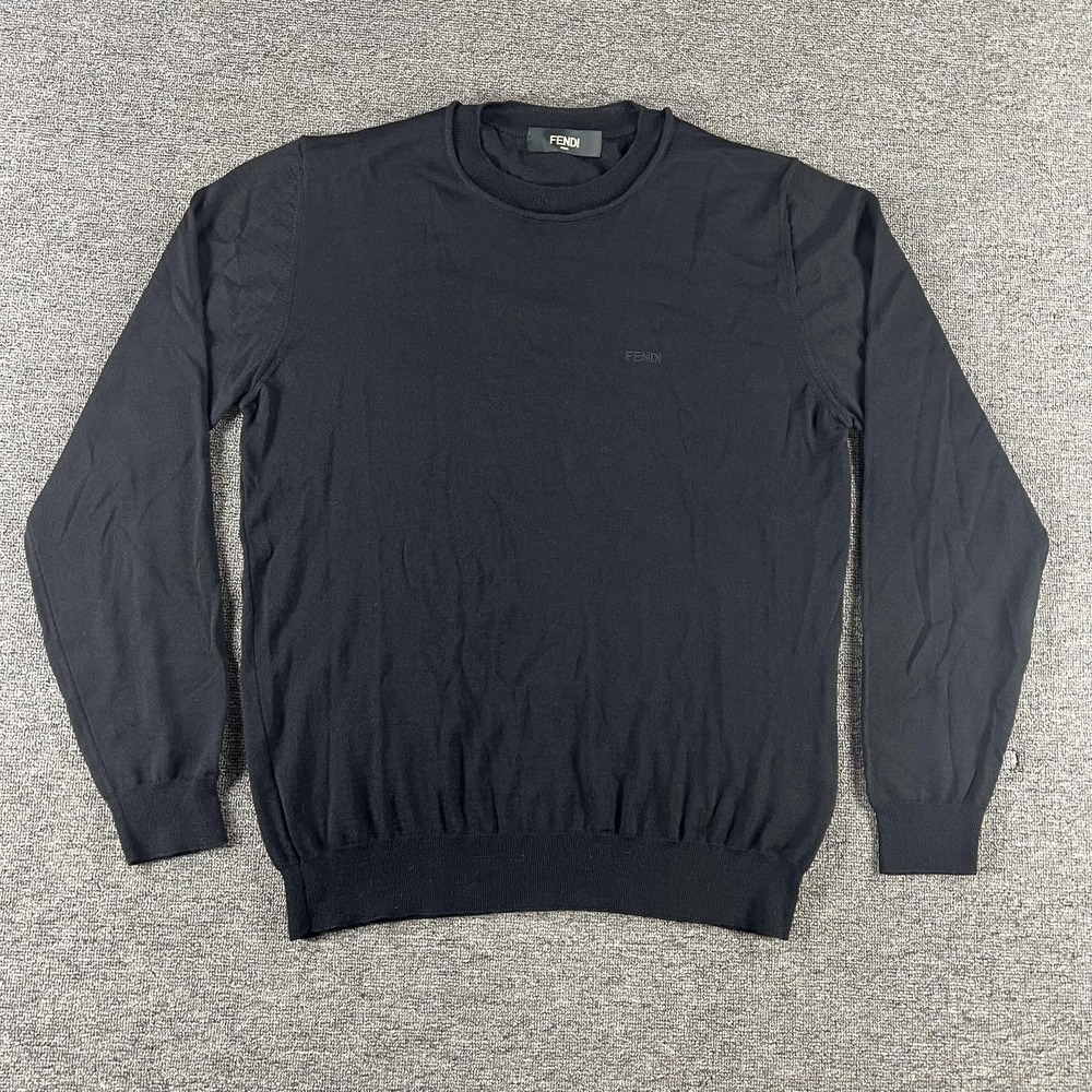 Fendi Sweater Mens IT 50 Black 100% Wool Logo Crewneck Knit Pullover Italy